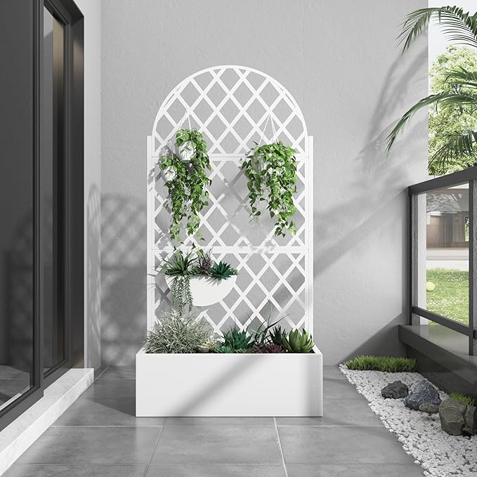 Casaphoria Metal Raised Garden Bed with Trellis and Wheels, 72"x35"x16" Arched Planter Box for Climbing Plants, Vegetables & Vines, Features Drainage Holes and Privacy Screen (White-Laurence)