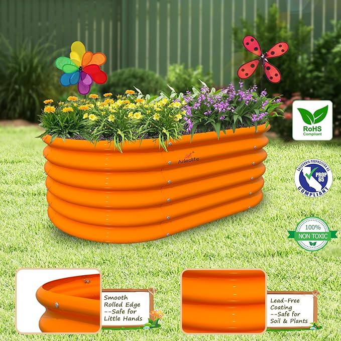 A ANLEOLIFE Kids Mini Raised Garden Beds Outdoor (3-Pack)-40x24x18in Oval Round Galvanized Metal Planter Box for Planting Vegetables, Flowers, Fruits, Eco-Safe & Easy Setup, Peach Orange