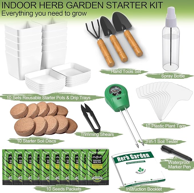 Indoor Herb Garden Kit – 10 Non-GMO Herb Seeds with Soil, Pots & Moisture Meter – Easy Windowsill Gardening Starter Set – Unique Gift for Gardeners, Home Chefs & Families