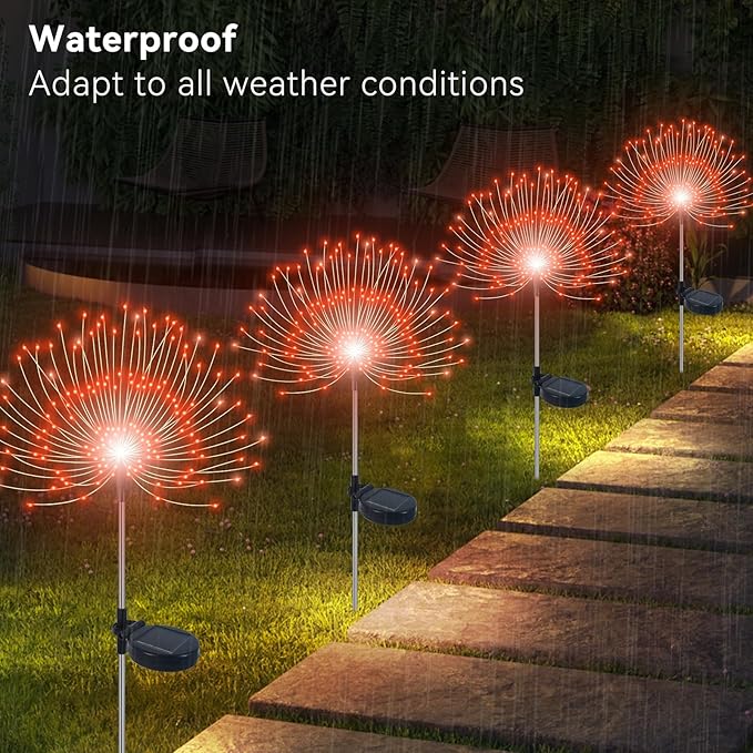 Solar Garden Lights Outdoor Waterproof, 2 Pack 120 LED Solar Firework Lights Decorative Garden Décor Outside for Flowerbed Pathway Party Christmas Decorations, Orange