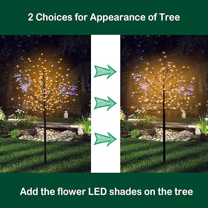 LED Solar Lighted Cherry Blossom Tree,6Ft Light up Cherry Tree Outdoor with 200 Crystal Flower Detachable for Pathway Porch Yard Patio Garden Decor Holiday Decorations Christmas Easter Warm White