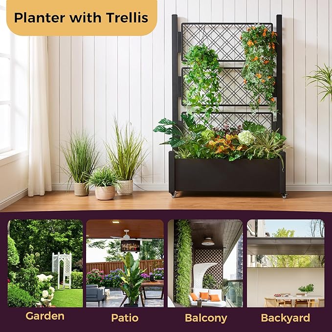 Metal Raised Garden Bed with Trellis, 72Hx46Wx16D Inch Large Outdoor Planter Box for Climbing Plants, Vegetables & Vines, Privacy Screen with Wheels and Drainage Holes, Black