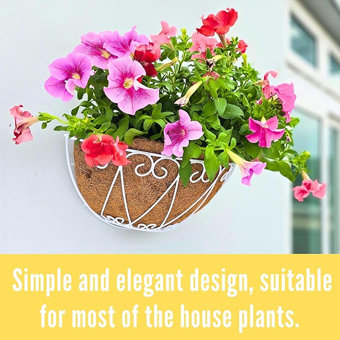LaLaGreen Outdoor Wall Planters (2 Pack, 12 Inch) White Metal Wall Mounted Hanging Basket with Coco Liner, Flower Pot Plant Holder Semi-Circle Planter for Fence Railing Deck Porch Balcony Garden Decor