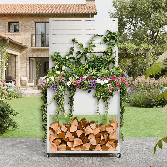 Metal Planter Box with Trellis, 3 in 1 Raised Garden Bed with Trelli & Firewood Rack, Privacy Planter Screen for Climbing Plants, Vine, Outdoor Garden Standing Beds with Drainage Holes, Wheels,White