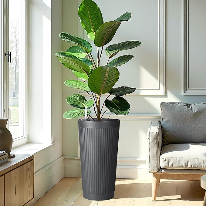 24in Tall Self-Watering Planters Set of 2 - Grey Flower Pots with Water Level Monitor, Non-Toxic Plastic Planters for Indoor Outdoor Patio, Porch, Living Room, Home Office