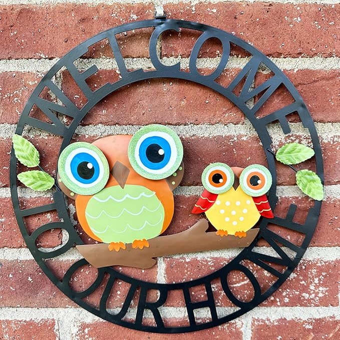 Welcome Owl Metal Door Wreath with Welcome to Our Home Sign, Decorative Outdoor Sign for Home, Garden, Porch or Front Door Wall Decorations