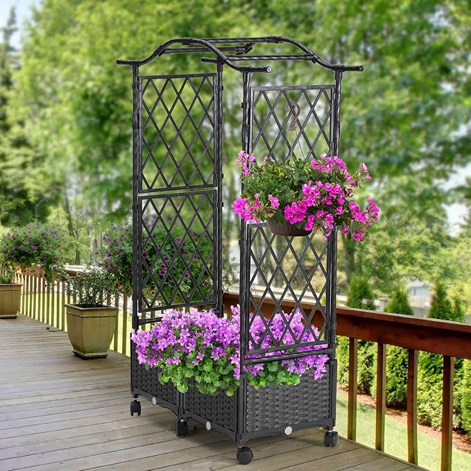 lalahoni Planter with Trellis, 4.6ft Trellis Planter Self-Watering Box with Wheels Outdoor Plants Tomato Flower Vegetable Herb Garden Patio Balcony Indoor, Plastic Raised Bed Trellis Drainage Hole