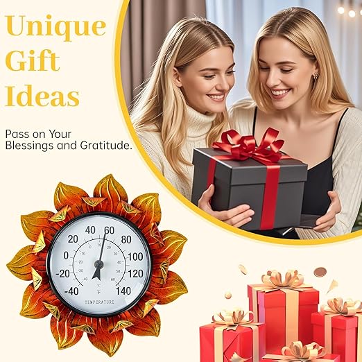 Sunflower Wall-Mounted Outdoor Thermometers, 11 Inch Indoor Outdoor Thermometer Decorative for Patio, Living Room,Wine Cellar, Garden Home Decor, No Batteries Required