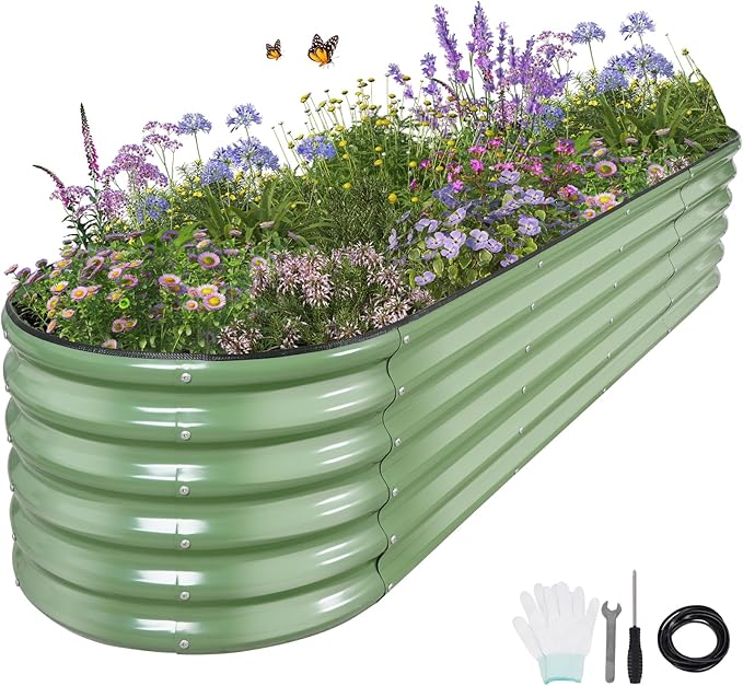 Permade Galvanized Raised Garden Bed - 8x2x1.4FT Metal Planter Boxes Outdoor | Oval Steel Raised Bed Kit for Gardening with Protective Tape, Bracing Rods, Gloves for Vegetables, Flower, Herb (Green)