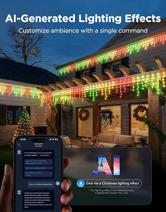 Govee Icicle Lights, Smart RGBIC Christmas Lights for Outside, 33ft with 400 LEDs Icicle Light Outdoor, IP67 Waterproof, Music Sync, Voice Control, 78+ Scene Modes for Christmas Decor