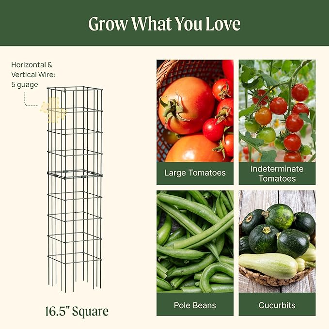 Vego Garden 2 Pack Tomato Cage 16.5" Square for Garden & Pots, Rust-Resistant Tomato Stakes Plant Cage Trellis Support for Climbing Vegetables Plants