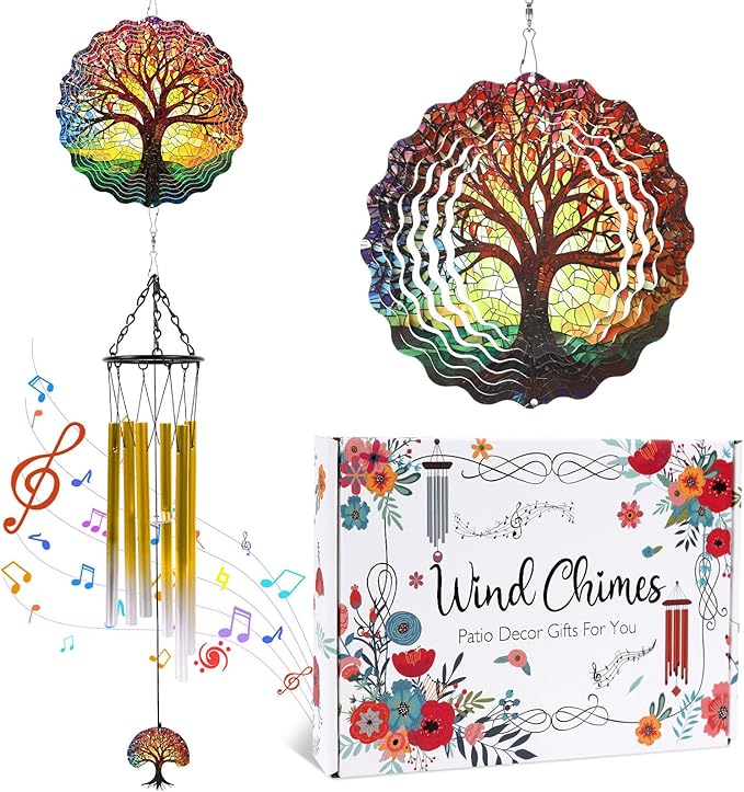 Windchimes with Tree of Life Wind Spinners Gift, Metal 3D Wind Spinner Hanging Wind Chimes Decor for Yard Outdoor, Home Garden Ornaments Gifts for Mom Women Christmas