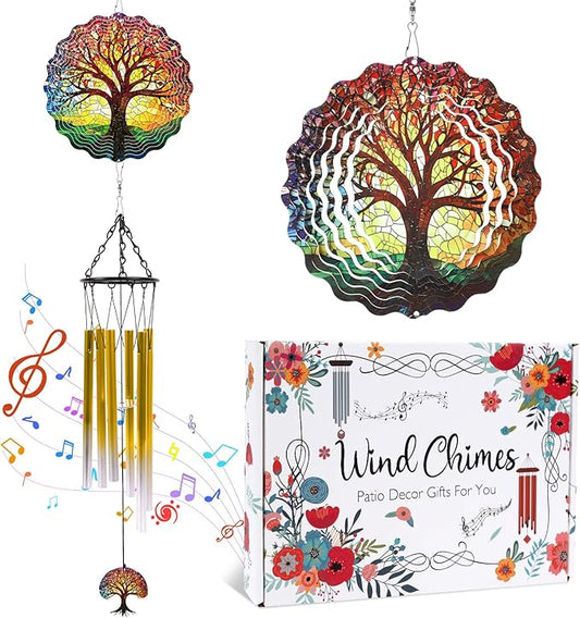 Windchimes with Tree of Life Wind Spinners Gift, Metal 3D Wind Spinner Hanging Wind Chimes Decor for Yard Outdoor, Home Garden Ornaments Gifts for Mom Women Christmas