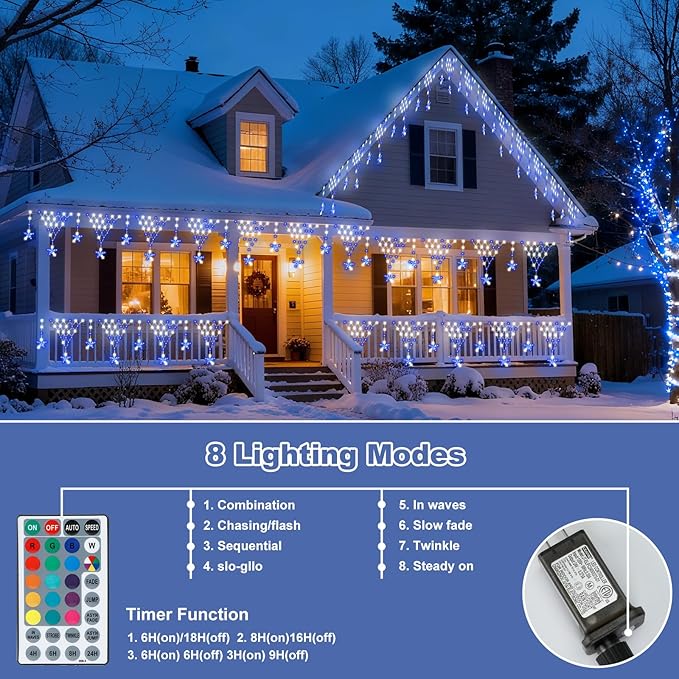 Outdoor Christmas Decorations Lights 13.8ft 200 LED Christmas Lights with 12 Stars,Dimmable Curtain Fairy Light with 8 Modes for Wedding Party Holiday Christmas Decor(RGB)