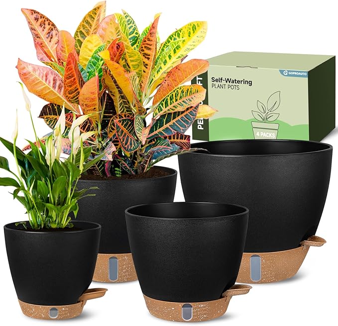 Self-Watering Pots for Indoor Plants 4 Pack, 6/8/10/12 Inch Outdoor Planters with Water Level Indicator&Deep Reservoir, Decorative Flower Pots for Indoor Plants,Home Decor (Black, 12+10+8+6 inch)