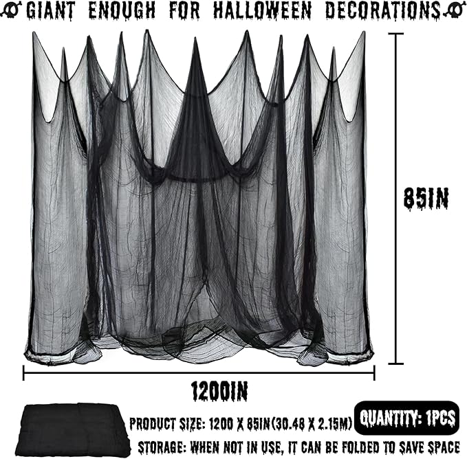 ZeeDix Halloween Black Creepy Cloth 85in x 100ft Giant Cloth Home Deco Spooky Scary Gauze for Party Supplies Haunted Houses Outdoor Yard Wall Doorways Decoration