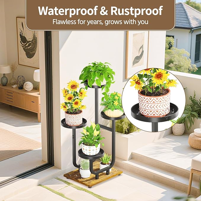 LASZOLA Black 4 Tier Tall Metal Plant Stand Indoor, Large Heavy Duty Planter Holder Rack for Vertical Corner, Sturdy Wrought Iron Spiral Multiple High Flower Organizer for Modern Patio House Bathroom
