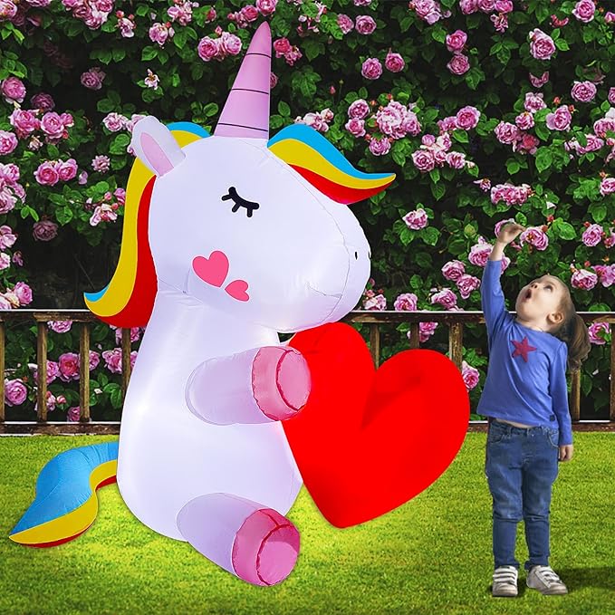 Lulu Home Lighted Yard Decorations, 5 FT Large Inflatable Light Up Unicorn Holding A Red Heart, Valentines' Day Blow Up Adorable Rainbow Colorful Unicorn Outdoor Indoor Party Display Decor