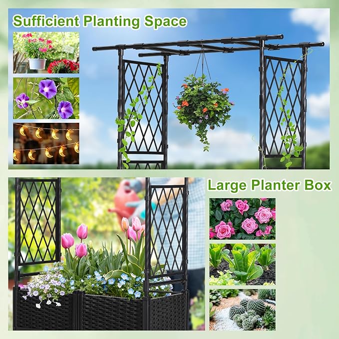 Lalahoni Planter with Trellis, 4.5ft Trellis Planter Self-watering Box with Wheels for Outdoor Plants Tomato Flower Vegetable Herb Vine Garden Patio, Plastic Raised Bed Trellis with Drainage Hole, 1PC