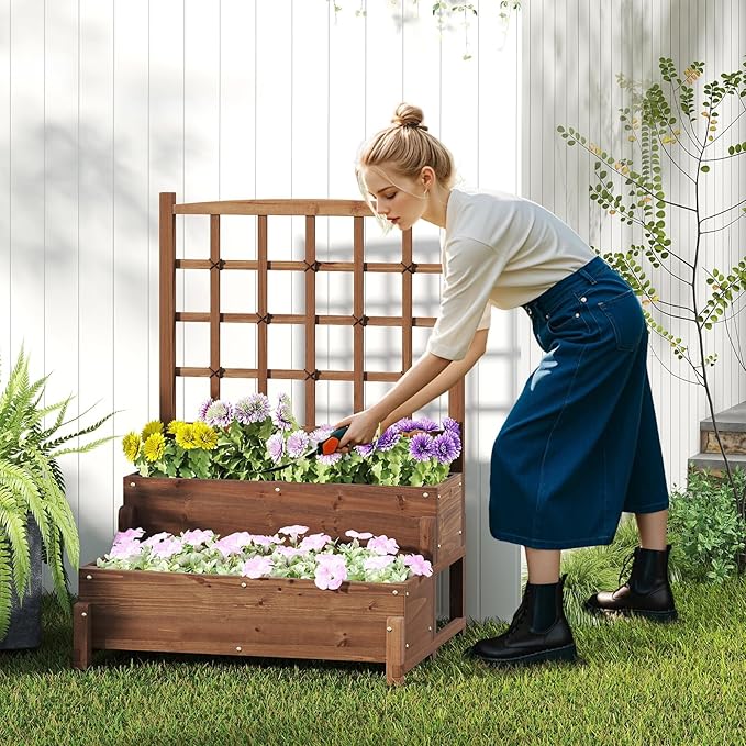 Byroce Outdoor Raised Garden Bed, Garden Planter Box with Lattice Trellis, Legs & Drainage Hole, 2-Tier Standing Elevated Planter for Flower, Fruit, Vegetable & Climbing Plants in Patio, Balcony (2)