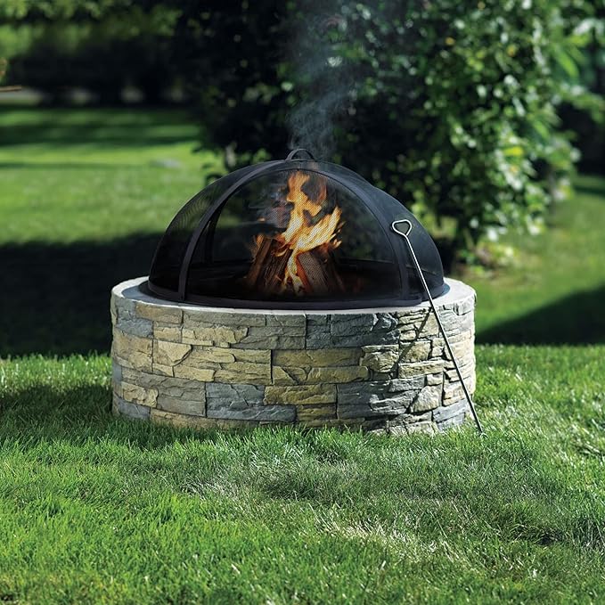 SUNCREAT Outdoor Fire Pit Spark Screen Cover Accessory, Patio Round Easy-Opening Fire Mesh Screen Guard, Heavy Duty Steel Fire Pit Ember Lid with Hinge, 32 Inch