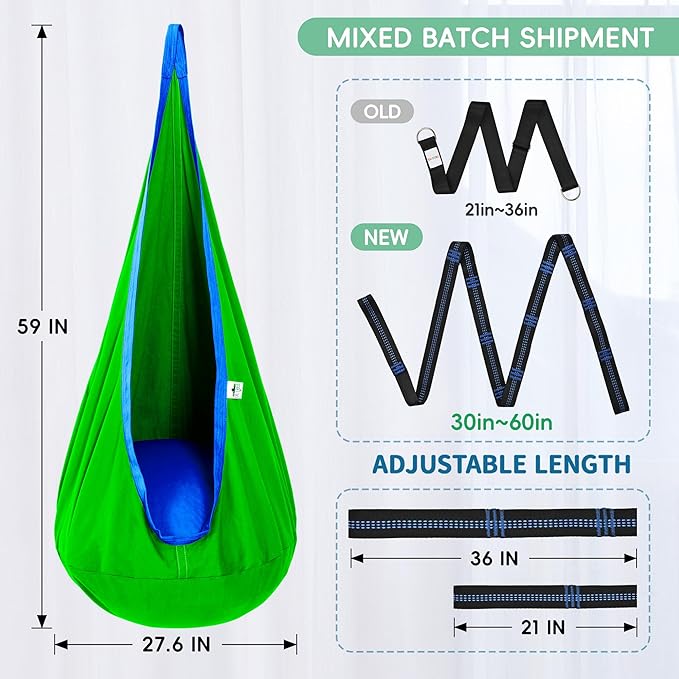 OUTREE Kids Pod Swing Seat, Cotton Child Hammock Swing Chair, Sensory Swing for Indoor and Outdoor Use, Green and Blue