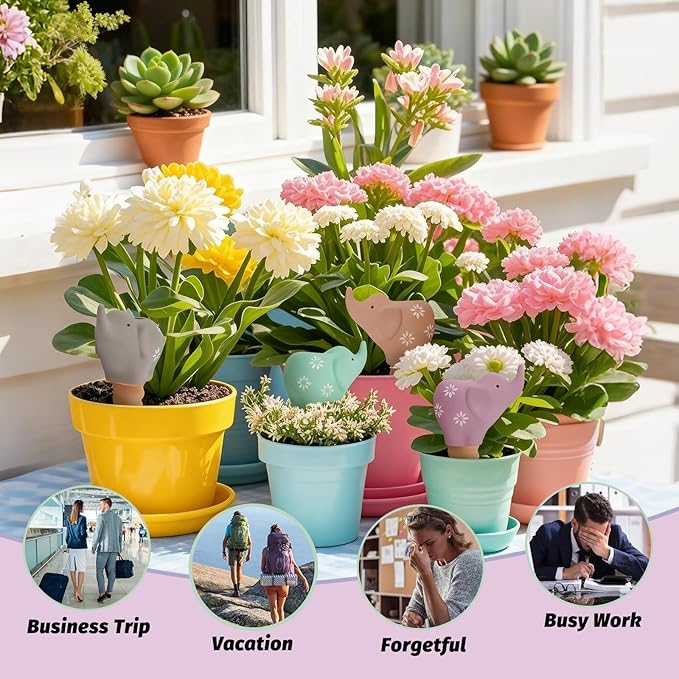 Plant Watering Devices, Elephant Shape Terracotta Watering Spikes, Vacation Self Watering Planter Insert, Small Plant Watering Globes for Indoor Outdoor Plants, 4 Pack