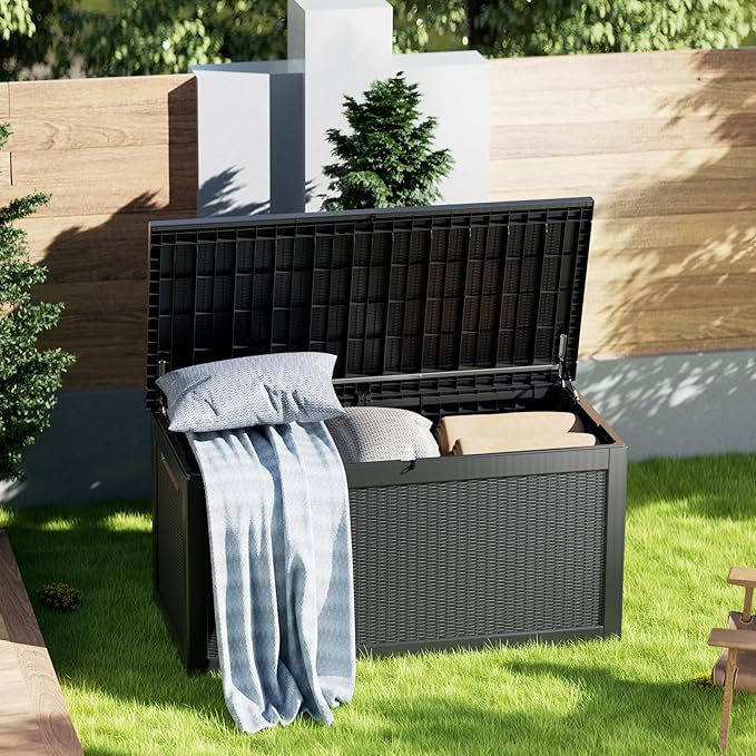 Mersco 320 Gallon Double-Wall Resin Deck Box - Lockable Waterproof Outdoor Storage Box, 1000lbs Capacity & Doubles as Seating for Patio Furnitures, Garden Tools, Pool Accessories (Black)