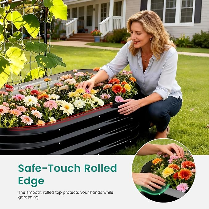 DoCred 3 in 1 Galvanized Raised Garden Bed, 2Pcs Garden Planter Box with 87" H Trellis for Climbing Plants, Outdoor Gardening Raised Beds with Climbing Net for Fruits, Vegetables, Flower (Black)
