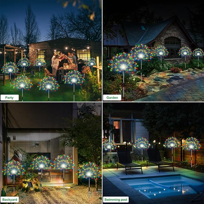 Solar Garden Lights Outdoor Waterproof, 4 Pack Total 480 LED Solar Starburst Sparkler Lights Decorative with 8 Lighting Modes Outside for Flowerbed Pathway Party Christmas Decoration, Multicolor