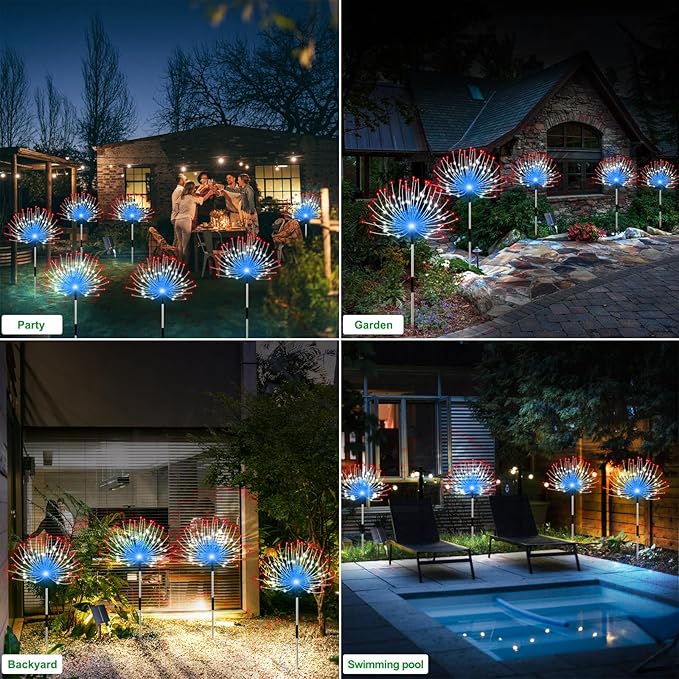 Solar Garden Lights Outdoor, 4 Pack Total 480 LED Solar Firework Lights Decorative 4th of July Decoration, Outdoor Waterproof Lights for Outside Yard Garden Pathway Decor