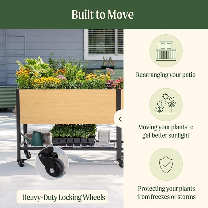 Rolling Elevated Garden Bed, 2' x 6' Metal Woodgrain Elevated Outdoor Planters Boxes with Legs & Storage Rack for Patio, 1400 lbs Weight Capacity, Raised Beds for Gardening Herb Flowers Vegetables