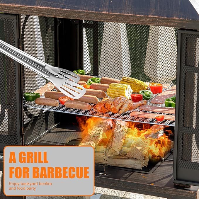 45" H×31''W Metal Chiminea Fire Pit with Grill, Wood Burning Fire Pits for Outside,Square Chimineas Fireplace with Mesh Spark Screen Door& Fire Poker for Garden,Yard,BBQ,Bonfire (Black&Gold)