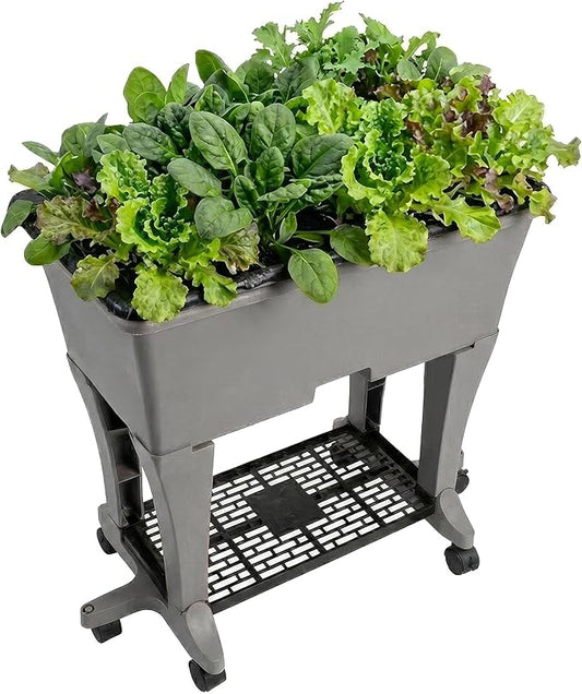 EarthBox Raised Garden Bed with Legs – Elevated Self Watering Planter Box with Wheels, Storage Shelf, Premium Plant Food, Easy Assembly, Made in USA, Gray