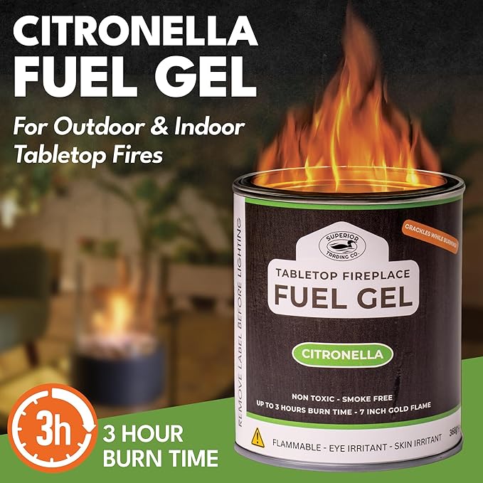 Superior Trading Co. Citronella Gel Fuel Cans, Clean-Burning Bioethanol Gel, Smoke-Free, Fresh Scent 3-Hour Burn, Indoor & Outdoor Safe, 368g, 12 Pack