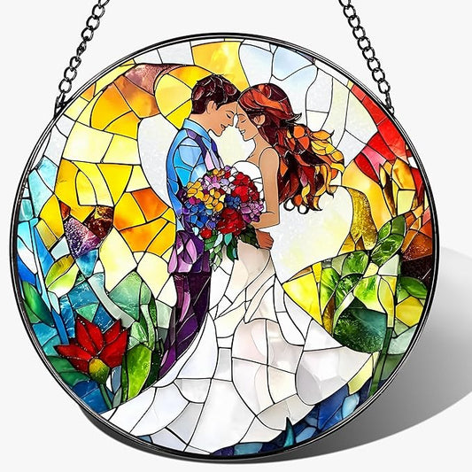 8'' Romantic Couple Wedding Sun Catcher Ornament, Stained Glass Window Hanging, Suncatchers for Windows Hanging Ornaments, Window Decor | Ideal Gift, Wedding Gift, Gifts for Couple & Newlywed