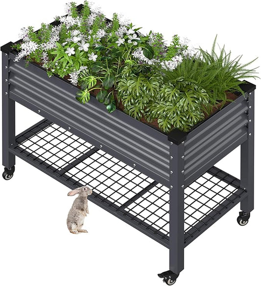BlueWish 48" W x 24" D x 34" H Outdoor Galvanized Garden Bed, Elevate Raised Bed with Detachable Black Liner, Rolling Casters, Storage Shelf, Planter Boxes for Gardening, Vegetable, Flower, Grey
