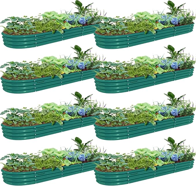 8 Pack 12x2x1FT Galvanized Raised Garden Bed Kit Oval Metal Ground Planter Box Outdoor Bottomless Planter Raised Beds for Vegetables Flowers Herbs Fruits, Green