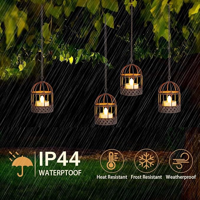 Solar-Hanging-Lanterns-Outdoor-Waterproof, Rust Birdcage Style Candle Holders with Flickering Solar Tea Lights for Backyard Patio Garden Fence Tree Decoration (4 Pack)