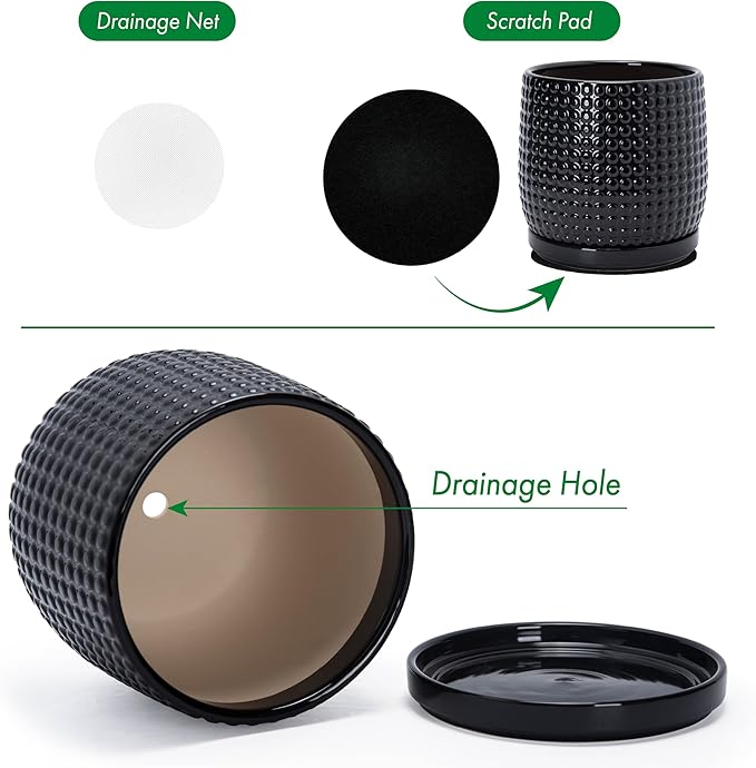 D'vine Dev 8 Inch Ceramic Beaded Stoneware Planter Pot - Flower Pot with Drainage Holes and Saucers for Indoor Succulent Plants or Flowers, Glossy Black, 27-C-Q-2