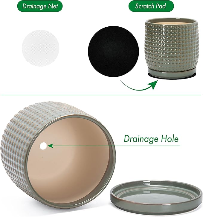 D'vine Dev 8 Inch Ceramic Beaded Stoneware Planter Pot - Flower Pot with Drainage Holes and Saucers for Indoor Succulent Plants or Flowers, Olive, 27-C-Q-0