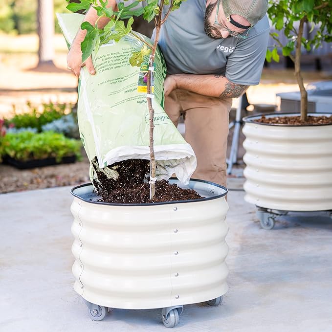 Rolling Metal Citrus Tree Planter Pot, 24″ Round Planter Box for Porch Patio & Backyard, 30 Gallon Large Planter Pot with Wheels for Growing Trees Tomatoes Vegetables and Flowers, Olive Green