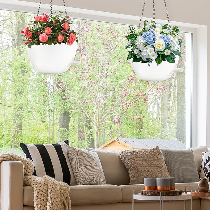 12 inch Hanging Planters for Indoor Plants, 2 Pack Self-Watering Hanging Planter Pots with Chain and Drainage Holes, Outdoor Plastic Hanging Baskets for Garden Home Decor (White, 2pcs/12inch)