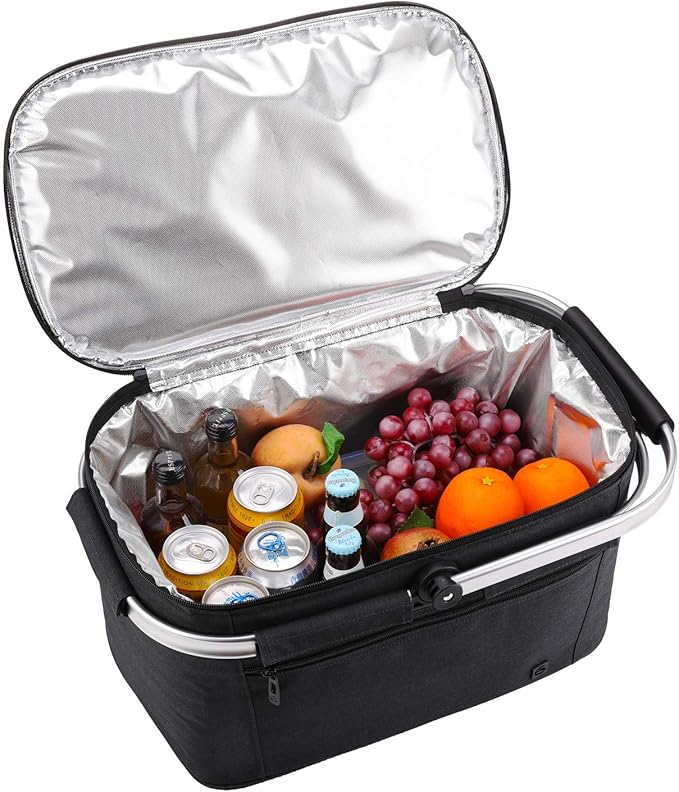 ALLCAMP Picnic Basket - 2 Ice Box Included 32L Insulated Cooler, Thickening Foldable Picnic Basket with Removable Baskets & Sewn-in Frame, Basket for House Warming Gifts New Home(Black)