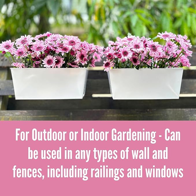 LaLaGreen Outdoor Planter (2 Pack, 16 Inch) Large White Metal Flower Pots Countryside Modern Rectangle Strawberry Window Box Succulent Planters with Drainage Hole Hanging Balcony Deck Rail Fence Porch