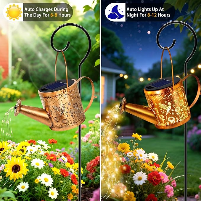 Solar Watering Can Lights, Hummingbird Decorative Hanging Lantern Solar Lights Outdoor Waterproof, Gifts for Mom Women Grandma Birthday, Retro Metal Garden Decor for Outside Yard Patio Lawn Porch