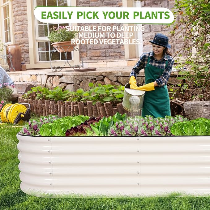 Permade Galvanized Raised Garden Bed - 6x2x1.4FT Metal Planter Boxes Outdoor | Oval Steel Raised Bed Kit for Gardening with Protective Tape, Gloves for Vegetables, Flower, Herb (White)