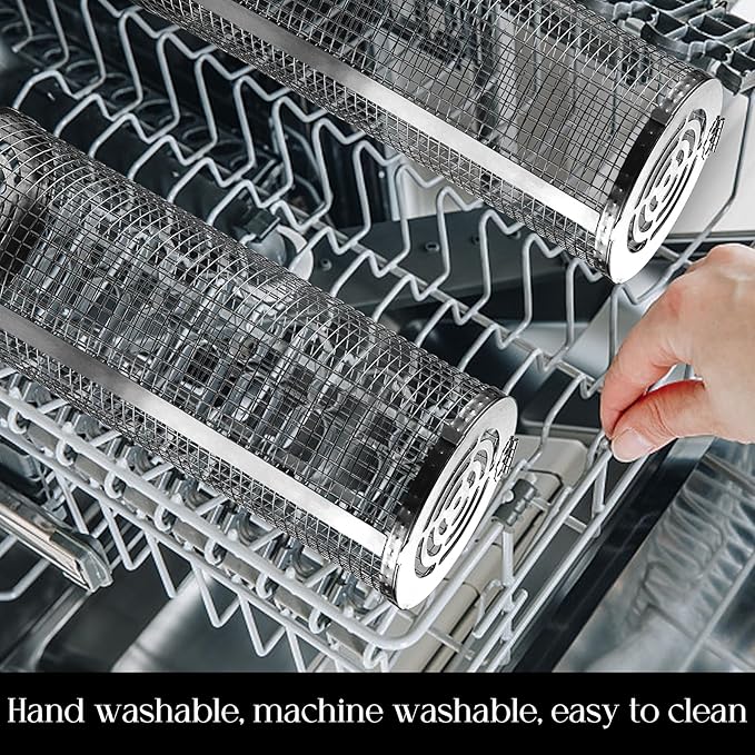 Rolling Grilling Baskets for Outdoor Grill Bbq Net Tube Stainless Steel Lid Large Round Mesh Barbecue Wire Cylinder Cage Picnic Must Haves Tools Food Cooking Basket for Veggies Vegetable Fish Meat