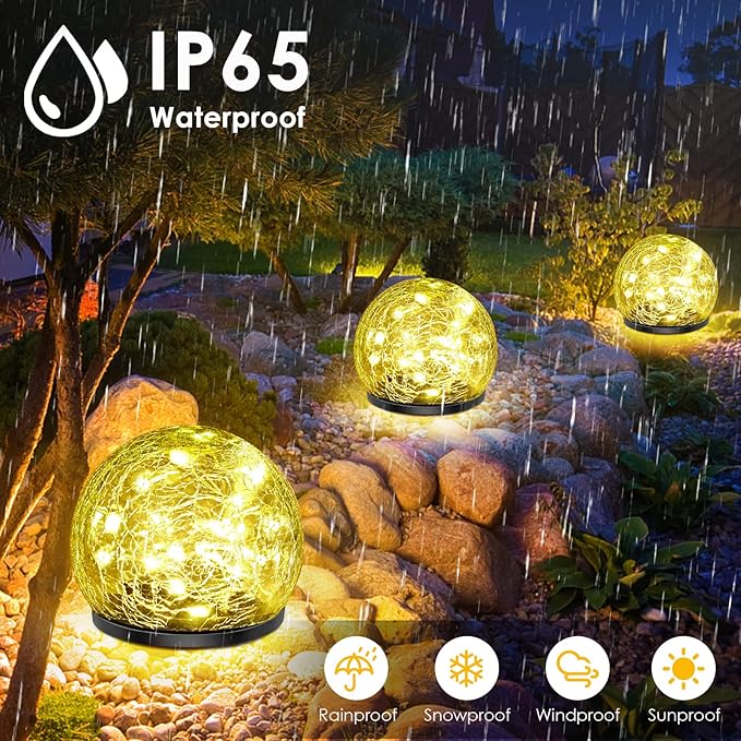 Solar Garden Lights, 4 Pack 120 LED Multicolor Cracked Glass Solar Outdoor Lights Decorative, Upgraded Waterproof Ball Lights for Yard Pathway Patio Lawn Christmas Outside Decor, 3.94"