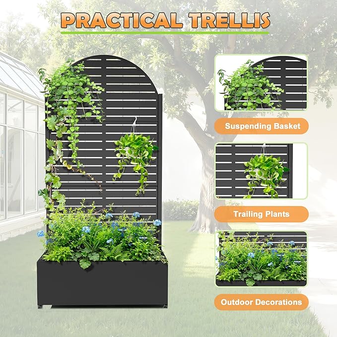 Metal Raised Garden Bed with Trellis, 2-in-1 Planter Box & Privacy Screen for Climbing Plants, Outdoor Standing Flower Bed with Drainage Holes, 35.4" L x 15.7" W x 70.1" H, Black-Louvered